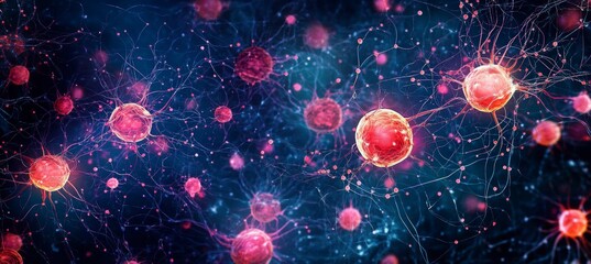 Poster - Vibrant abstract depiction of cells with glowing structures set against a dark background, suggesting themes of science, biology, and technology.