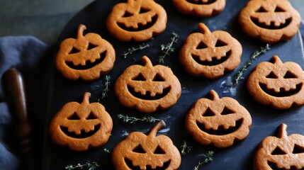 Wall Mural - Festive Pumpkin Shaped Autumn shortbread Cookies for Thanksgiving Decor and Celebration