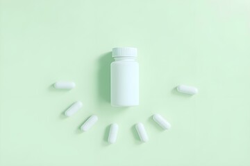 White supplement bottle, pills on green background. Top view flat lay trendy product presentation. Empty container ready for branding