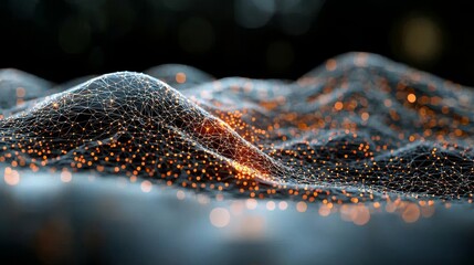 Poster - A digital backdrop featuring abstract cybernetic particles, a plexus geometric effect, and big data compounds, accompanied by a musical wave of particles, all rendered in low poly mesh with a