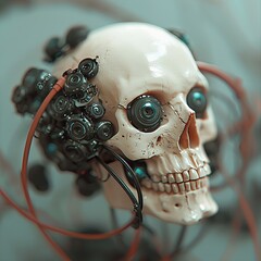 Poster - A science fiction robotic skull is depicted in a 3D illustration with a heavy metal mind, connected directly to a computer core