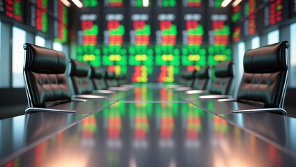 Poster - Conference room with sleek chairs and stock market display glowing in green and red during business hours