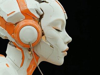 Poster - The image shows a robotic humanoid female with a 3D rendering, viewed from the side and set against an empty backdrop