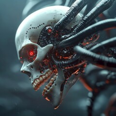 Poster - Heavy metal dreams are exemplified in a 3D illustration of a robotic skull from science fiction, hardwired into a computer's core