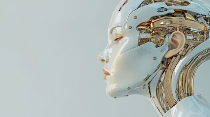 Poster - A futuristic robot with a human-like red body and a metallic skull head is displayed from the side and back, isolated on a colorful background that leaves room for adding text