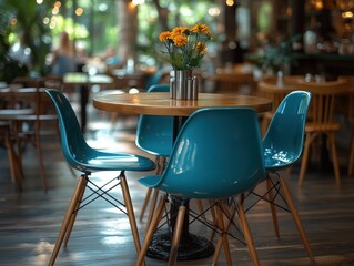 Aufkleber - A room with a table and chairs in the center, decorated with flowers and vases, featuring modern style furniture with an elegant classical touch.