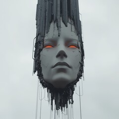 Poster - A robotic female from science fiction emerges from a computer core in a 3D digital illustration titled Digital Goddess Reloaded