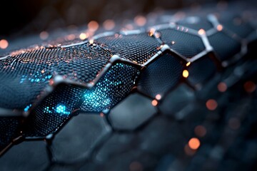 Poster - An abstract background serves as the backdrop for a futuristic honeycomb mosaic composed of glowing hexagons, created using 3D rendering techniques