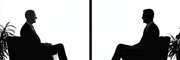 Poster - Silhouettes of two executives engaged in a serious discussion in a modern office setting during afternoon hours. Generative AI