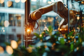 Poster - In a high-tech research laboratory equipped with modern equipment, male engineers are maintaining a robot arm, embodying a concept of technology and innovation in their professional capacity