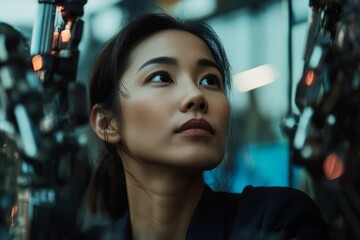 Poster - In a high-tech research laboratory equipped with modern equipment, a female engineer is maintaining a robot arm, embodying the concept of technology and innovation, as a professional Japanese