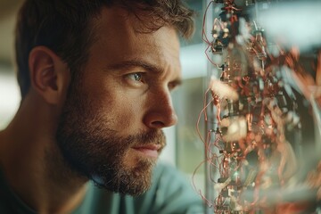 Poster - Male engineers are performing maintenance on a robot arm within a cutting-edge research laboratory that features an array of modern equipment, symbolizing a fusion of technology and innovation in a