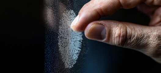 Poster - A businessman utilizes fingerprint identification to access his personal financial data on a digital network, highlighting the importance of cyber security and internet security online in a