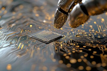 Poster - Robotic arms with a semiconductor manufacturing chipset are depicted in a 3D rendering