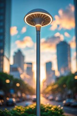 Poster - city street light illuminates an urban street at sunset with skyscrapers in the background