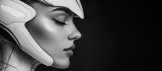 Poster - A black and white photorealistic portrait taken in a studio of a robot that has humanoid and cyborg characteristics on a black background