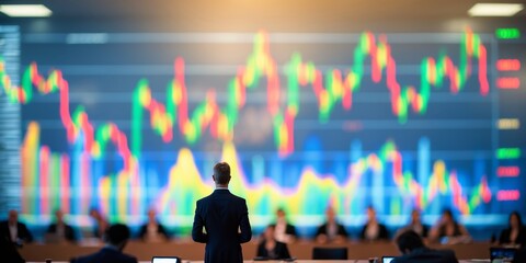 Poster - Professionals analyze market trends in a financial conference room during a busy trading session