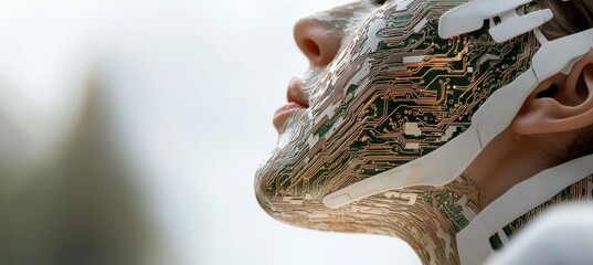 Poster - The female android face, a stock concept, is depicted on a dark background and features a futuristic robot head with an integrated technology neural system, all created using stock