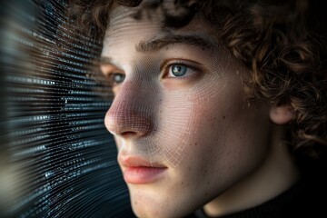 Poster - a handsome young man is shown in a close-up head shot with a futuristic overlay and a cyber hologram