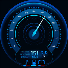 Poster - futuristic speedometer showing 151 kilometers per hour on a car dashboard with date, time, coolant t