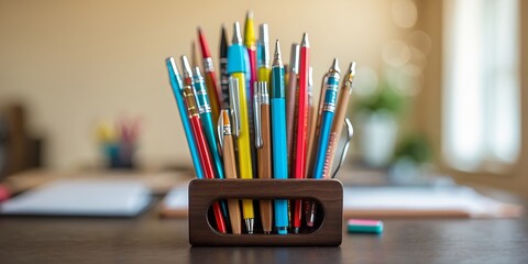Poster - Colorful assortment of pens and pencils in a desk holder on a work table in a well-lit office space during the day