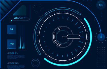 Poster - Futuristic head up display - HUD - interface showing a targeting system with code, data analysis, and various indicators, creating a technological and futuristic atmosphere