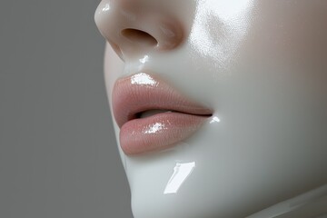 Poster - The image depicts a white, anthropomorphic robot woman in close-up detail, positioned on a gray backdrop to represent stock
