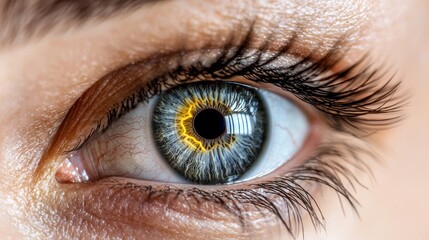 Poster - The concept of future technology is illustrated through a close-up of a female eye equipped with a smart contact lens that has digital and bio-metric implants, which are used to scan the ocular