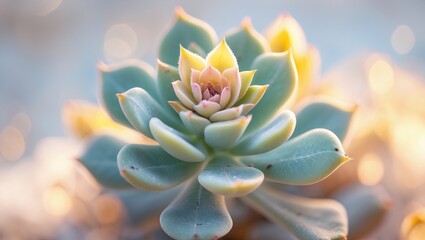 Poster - delicate succulent in soft morning light showcasing intricate rosette formation and vibrant colors