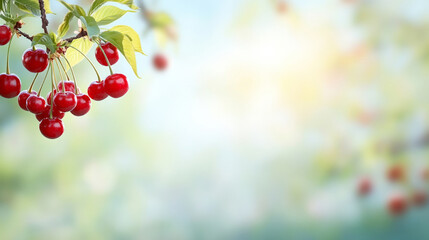 Wall Mural - Branch of cherry tree full of ripe red cherries with blurred orchard background and gray blue sky