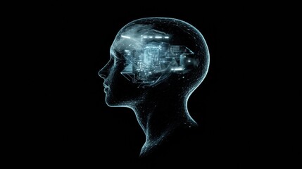 Leinwandbilder - Futuristic human head profile showcasing mechanical structures and glowing robotic eye in a cybernetic setting. Generative AI