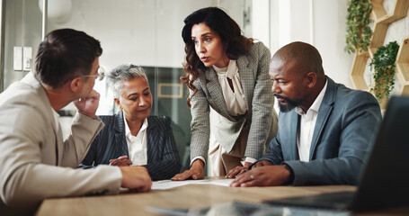 Aufkleber - Discussion, meeting and business people in office for finance investment with company with teamwork. Collaboration, laptop and financial management group planning profit or revenue margin report.