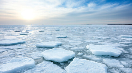 Wall Mural - arctic ice floes glowing softly under sunset's warm radiance, painting serene polar landscape