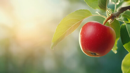 ripe red apple hanging from tree branch in sunlight with natural bokeh effect, ready to be picked