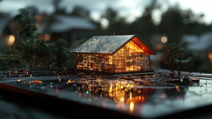 Poster - A small-scale replica of a government building is embedded within a radiant, futuristic circuit board, representing the convergence of technology and governance