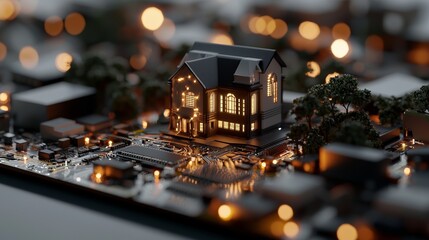 Poster - The fusion of technology and governance is symbolized by a tiny model of a government building incorporated into a luminous, futuristic circuit board
