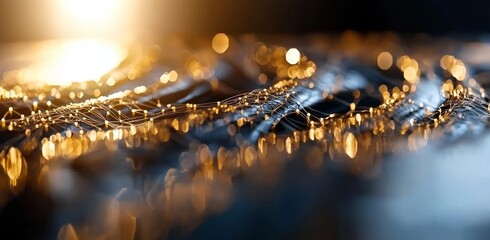 Poster - a digital network is depicted in an abstract image, illuminated by blue light and featuring intercon