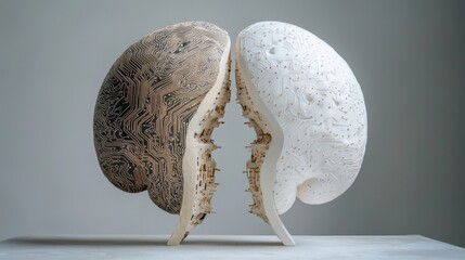 Poster - The fusion of a half digital brain with a biological brain, symbolizing human thought and stock