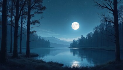 Wall Mural - Tranquil forest landscape at night, stars shine in dark blue sky. Full moon illuminates water, reflecting light. Silhouetted trees line shore lake, mountains visible distance. Generative AI art.