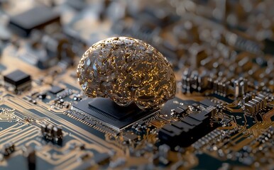 Poster - Cybernetic Brain. Electronic chip in form of human brain in electronic cyberspace. Illustration on the subject of 'Stock