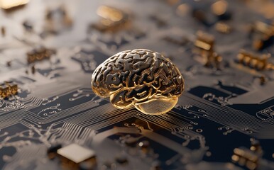 Poster - Illustration on the subject of 'Stock' featuring Cybernetic Brain, an electronic chip in the form of a human brain in electronic cyberspace