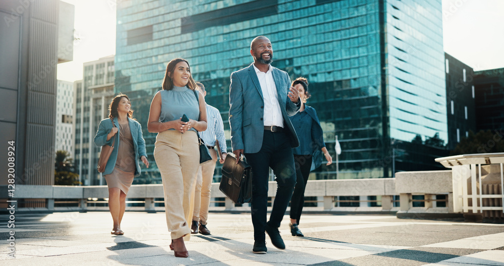 Professional, walking and happy business people in city on morning ...