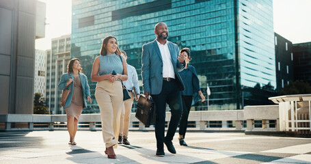 Poster - professional, walking and happy business people in city on morning commute, travel and journey. corp