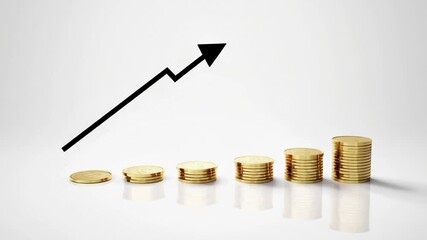 Aufkleber - Gradual stacking of golden coins rising alongside ascending financial arrow, representing progressive economic growth and wealth accumulation on pristine white surface