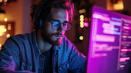 Night Coder: Focused Programmer Working on a Project