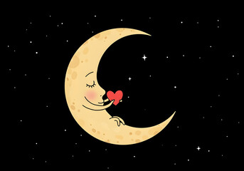 Wall Mural - The crescent moon and heart, simple dreamy romantic love illustration