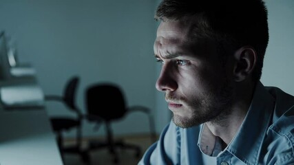 Poster - Professional businessman experiencing intense workplace stress, revealing mental exhaustion and overwhelming job pressure while staring intently at computer screen during late evening hours