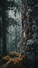 Poster - Close to the aged trunk, vibrant moss thrives, creating a lush tapestry of greens and browns. This serene moment captures the quiet beauty of a fog-laden forest waking at dawn.