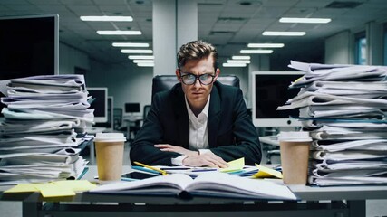 Poster - Office worker overwhelmed by workload, sitting with various documents and binders, symbolizing stress and burnout in a modern office environment, captured in slow motion