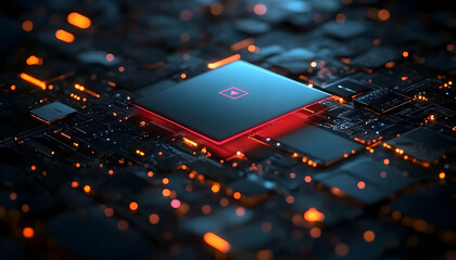 Poster - High-tech processor chip on circuit board, glowing red light, futuristic. Possible use stock photo